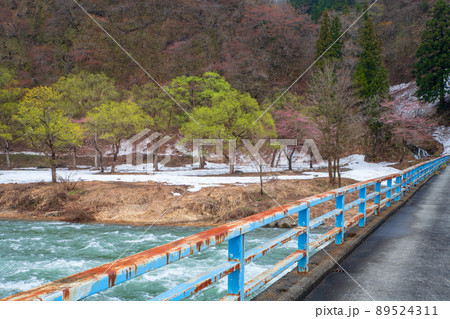 雪どけの魚野川　神弁橋からの眺め　千曲川支流　　関越自動車道湯沢IC付近　残雪　早春の風景　 89524311