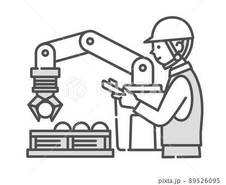 人と協力しながら働く産業用ロボットのイラスト。協働ロボット。 人と協力しながら働く産業用ロボットのイラスト。協働ロボット。 89526095