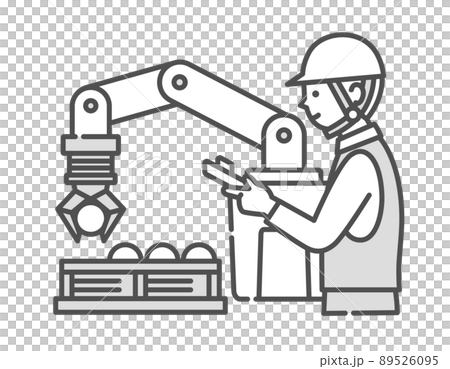 人と協力しながら働く産業用ロボットのイラスト。協働ロボット。 人と協力しながら働く産業用ロボットのイラスト。協働ロボット。 89526095