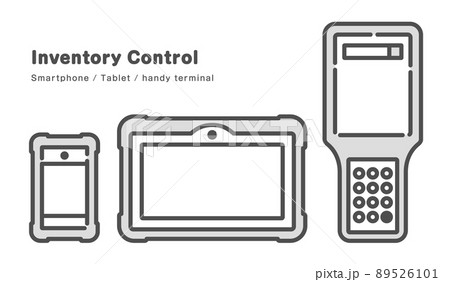 在庫管理業務に使う機器3点 スマートフォン タブレット ハンディターミナルのイラスト のイラスト素材