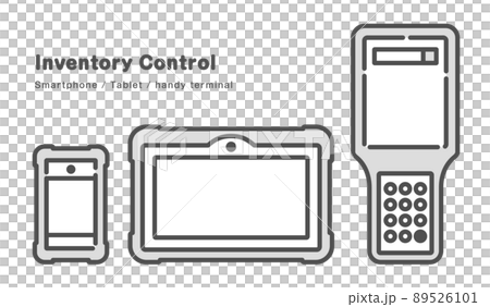 Three pieces of equipment used for inventory management work. Illustrations of smartphones, tablets, and handy terminals. 89526101