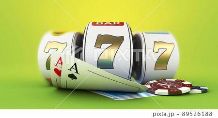 Slot machine with lucky sevens jackpot and chips. Clipping path included. 3d Rendering 89526188