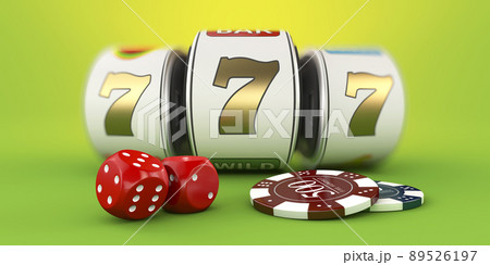 Slot machine with lucky sevens jackpot and dace with chips. Clipping path included. 3d Rendering 89526197