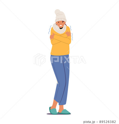 Freezing Female Character Wrapped in Warm Winter Clothes, Hat, Scarf and Home Slippers Shivering due to Low Minus Degree 89526382