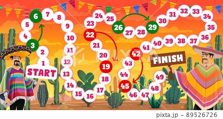 Kids board game with Mexican cowboys, vector entertainment tabletop. Kids tabletop dice or race game worksheet with cartoon Mexican macho in sombrero and poncho with cactus in Mexico desert Kids board game with Mexican cowboys, vector entertainment tabletop. Kids tabletop dice or race game worksheet with cartoon Mexican macho in sombrero and poncho with cactus in Mexico desert 89526726
