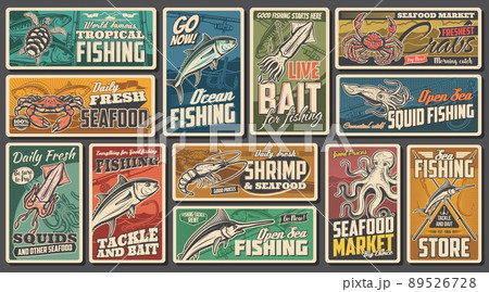 Sea fishing, seafood market retro posters. Sea turtle, tuna fish and squid, shrimp, octopus and marlin, crab rod and hook engraved vector. Fishing live bait and tackle store vintage banners set Sea fishing, seafood market retro posters. Sea turtle, tuna fish and squid, shrimp, octopus and marlin, crab rod and hook engraved vector. Fishing live bait and tackle store vintage banners set 89526728