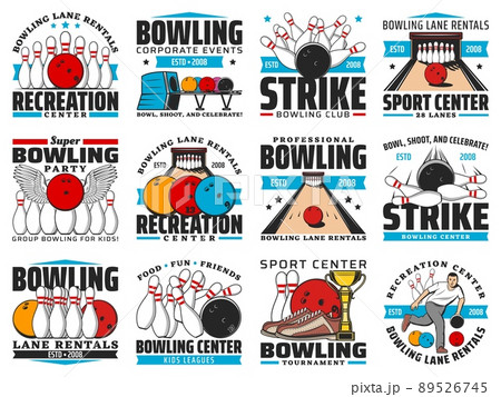 Bowling club tournament, strike pins and balls vector icons, competition league badges. Ninepin bowling sport game tournament and lane rentals, family and kids recreation and entertainment center 89526745