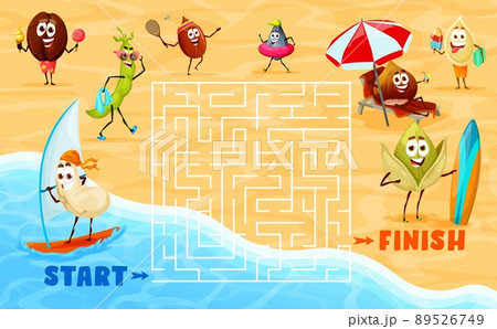 Labyrinth maze game. Funny nuts characters on summer beach. Child puzzle, vector quiz or children puzzle game with search way activity and coffee bean, sunflower seed and pistachio, cashew personages 89526749