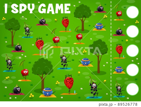 I spy game worksheet, cartoon berry characters on yoga fitness. Vector kids educational puzzle with black currant, strawberry, blueberry and bird cherry personages exercising on field 89526778