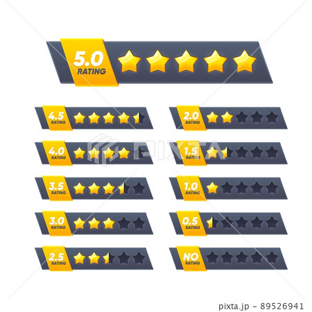 Five golden star review rate, customer feedback evaluation of service or product quality. 5 star and no rating statuses isolated vector bars of vote ranking scale, customer review rank or star rating 89526941