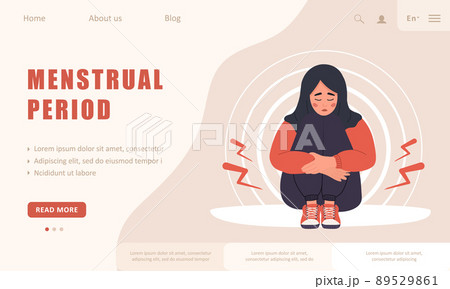 Menstrual period. Landing page template. Sad arab woman with abdominal cramps or pms symptoms. Female critical day problems. Vector illustration in flat cartoon style 89529861