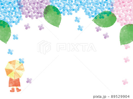 水彩の紫陽花の雨と傘をさした後ろ姿の子供のフレームのイラスト素材 水彩の紫陽花の雨と傘をさした後ろ姿の子供のフレームのイラスト素材