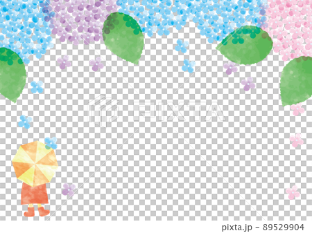 Watercolor hydrangea rain and a child's frame in the back with an umbrella 89529904