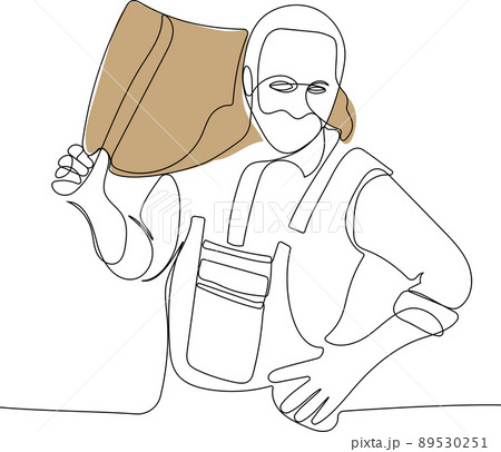 Continuous one line drawing of farmer posing with burlap sacks. 89530251