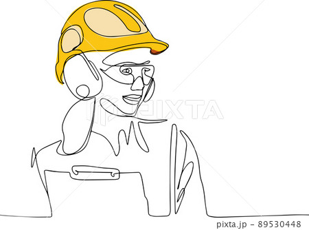 Continuous one line drawing of engineer woman wearing uniform and safety helmet 89530448