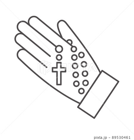 Rosary beads silhouette. Prayer jewelry for meditation. Catholic chaplet with a cross in hand. Religion symbol. Vector illustration. 89530461