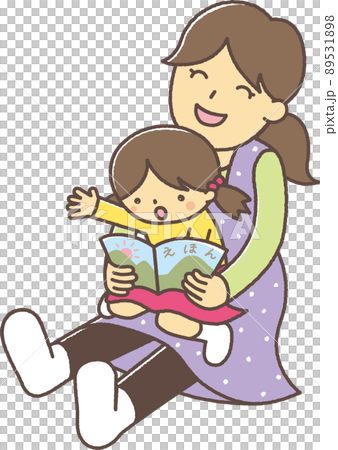 子どもを膝にのせて、読み聞かせをする女性。（女の子・左向き） 89531898