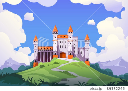 Medieval castle landscape. Cartoon medieval chateau with towers and stone walls, fairy tale palace and princess castle. Vector fantasy background 89532266