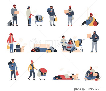 Poor people. Cartoon dirty distressed men women and kids begging for money food and help on street. Vector person of poverty isolated set Poor people. Cartoon dirty distressed men women and kids begging for money food and help on street. Vector person of poverty isolated set 89532289