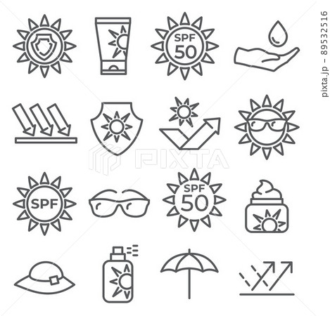 Sun protection line icons on white background 89532516