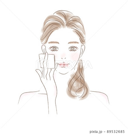 コットンで化粧水をつける女性の上半身イラストのイラスト素材