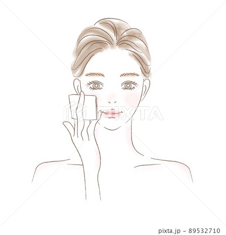 コットンで化粧水をつける女性の上半身イラスト 89532710