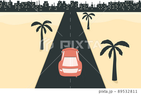 The car is driving along the road towards the city. Automobile and urban landscape art. Vector illustration of sports car, road, palm trees and city. 89532811