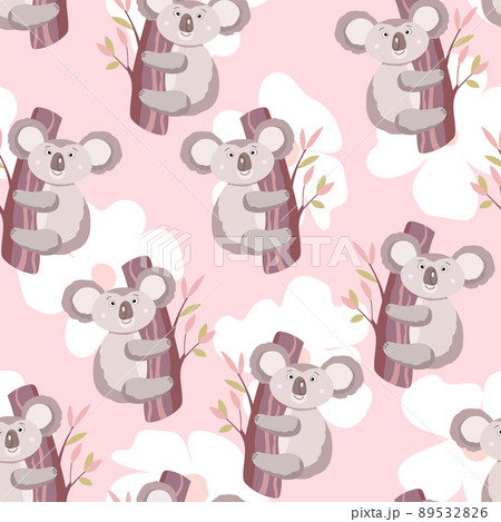 Seamless pattern with cute koala baby on color background. Funny australian animals. Card, postcards for kids. Flat vector illustration for fabric, textile, wallpaper, poster, paper Seamless pattern with cute koala baby on color background. Funny australian animals. Card, postcards for kids. Flat vector illustration for fabric, textile, wallpaper, poster, paper 89532826