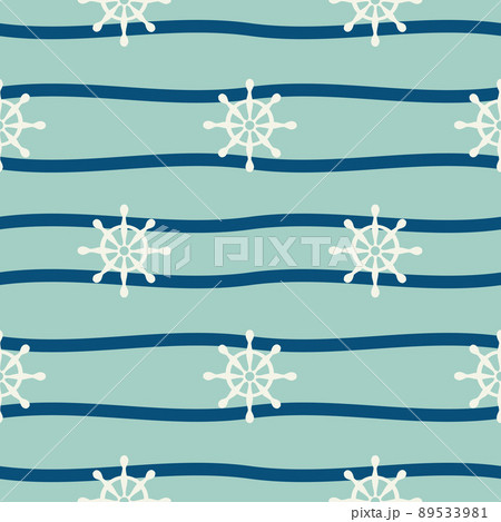 Vector hand drawn colored childish seamless repeat simple flat pattern with ships steering wheel and wawe . Pattern for children. Sea ocean 89533981