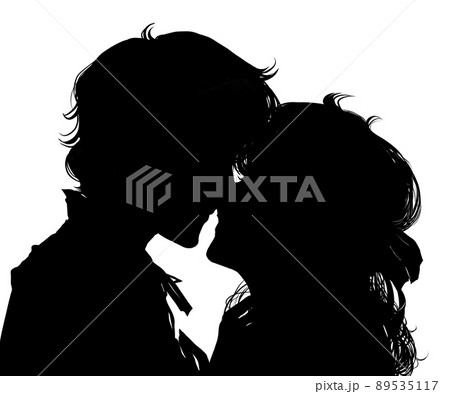 初恋の人とキスする男女のロマンチック切り絵風白黒イラスト 89535117