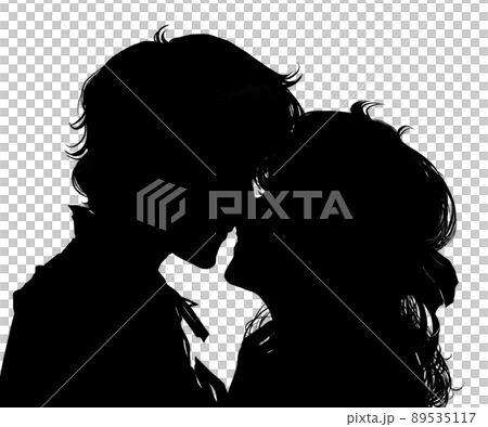 初恋の人とキスする男女のロマンチック切り絵風白黒イラスト 89535117