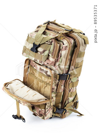 Open military backpack of khaki color on a white background. 89535371