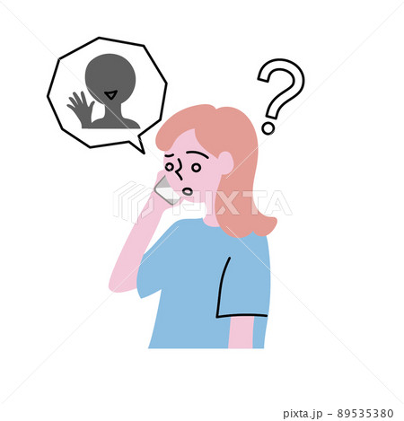 スマホで心当たりのない不審な人物からの電話に戸惑う女性のイラスト 89535380