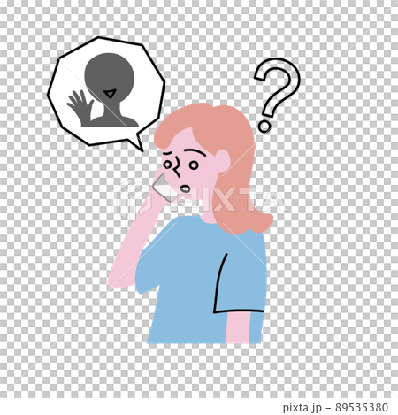 スマホで心当たりのない不審な人物からの電話に戸惑う女性のイラスト 89535380