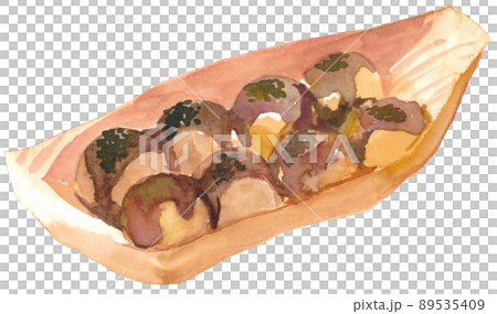 皿にのせたたこ焼き　水彩素材 89535409