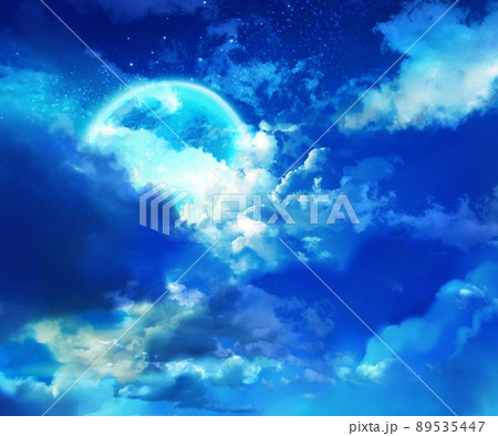 雲と宇宙と月の夜空の背景イラストのイラスト素材