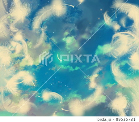 雲と宇宙と月の夜空の背景イラストとふわふわ舞う白い天使の羽 雲と宇宙と月の夜空の背景イラストとふわふわ舞う白い天使の羽 89535731
