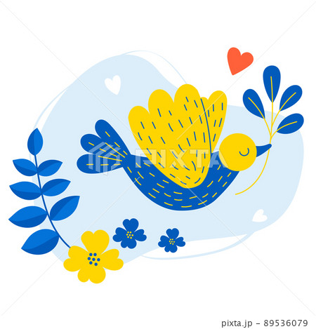 Decorative blue-yellow Ukrainian bird dove of peace with branch in its beak. In colors of Ukrainian flag. Vector illustration for decor, design, print, covers and postcards. 89536079