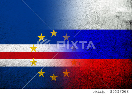 National flag of Russian Federation with Cape Verde National flag. Grunge background National flag of Russian Federation with Cape Verde National flag. Grunge background 89537068