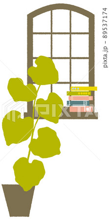 レトロな窓辺に本と大きな植物｜窓ガラスは透過 89537174