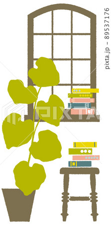 レトロな窓辺に本と植物と椅子｜窓ガラスは透過 89537176