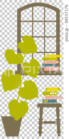 レトロな窓辺に本と植物と椅子｜窓ガラスは透過 89537176