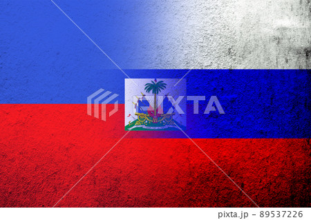 National flag of Russian Federation with the Republic of Haiti National flag. Grunge background 89537226