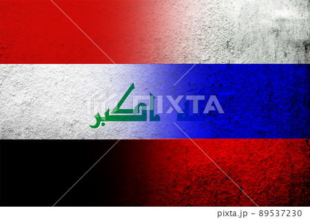 National flag of Russian Federation with the Republic of Iraq National flag. Grunge background 89537230