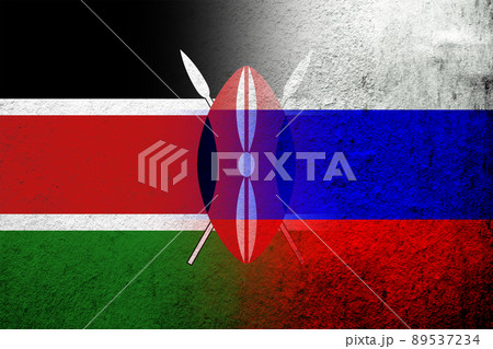 National flag of Russian Federation with The Republic of Kenya National flag. Grunge background National flag of Russian Federation with The Republic of Kenya National flag. Grunge background 89537234