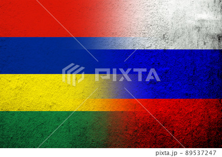 National flag of Russian Federation with The Republic of Mauritius National flag. Grunge background National flag of Russian Federation with The Republic of Mauritius National flag. Grunge background 89537247