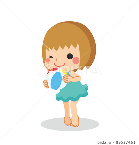 ビーチボールを持った着姿の可愛い女の子のイラスト　白背景　ベクター　クリップアート 89537461