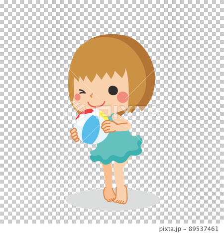 ビーチボールを持った着姿の可愛い女の子のイラスト　白背景　ベクター　クリップアート 89537461