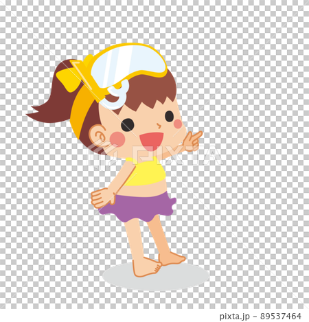 Illustration of a cute girl in a swimsuit wearing underwater glasses and pointing at something White background Vector clip art 89537464