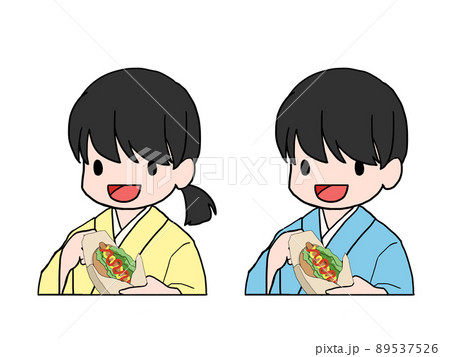 ホットドッグを食べる浴衣姿の日本人男女（上半身）のイラスト 89537526